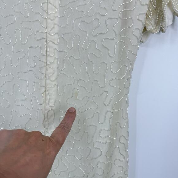 Lawrence Kazar Silk Beaded Sheath Dress Vintage size Small Ivory Short Sleeve - Picture 8 of 16